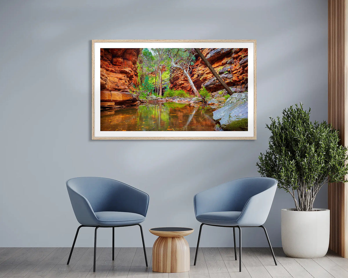 Alligator Gorge. Flinders Ranges framed wall art print, with a timber frame, in a waiting room. 