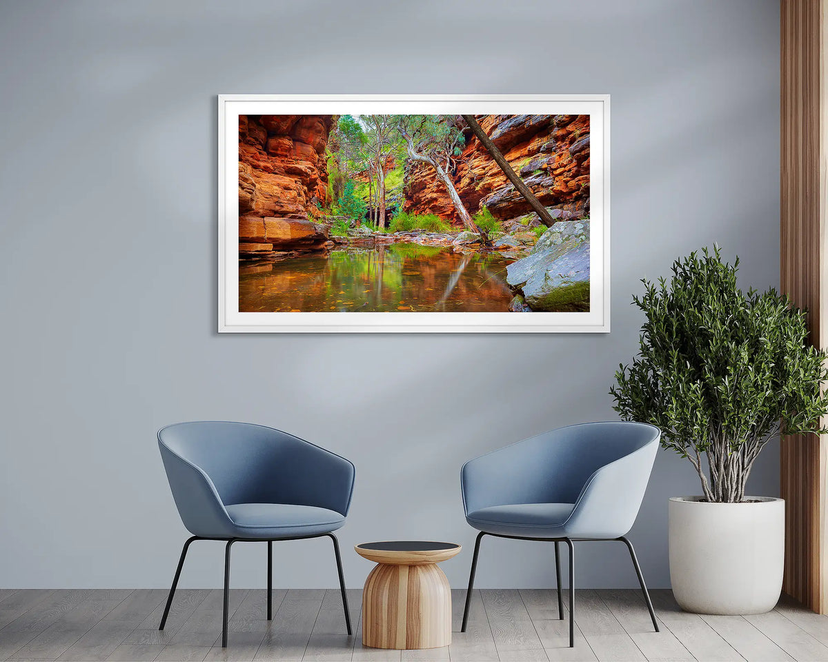 Alligator Gorge. Flinders Ranges framed wall art print, with a white frame, in a waiting room. 