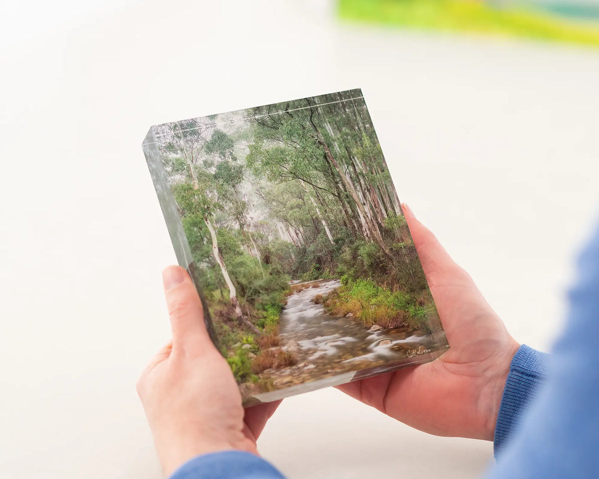 Allure. Acrylic block of morning fog along Eurobin creek Mount Buffalo. Australian artwork being held.