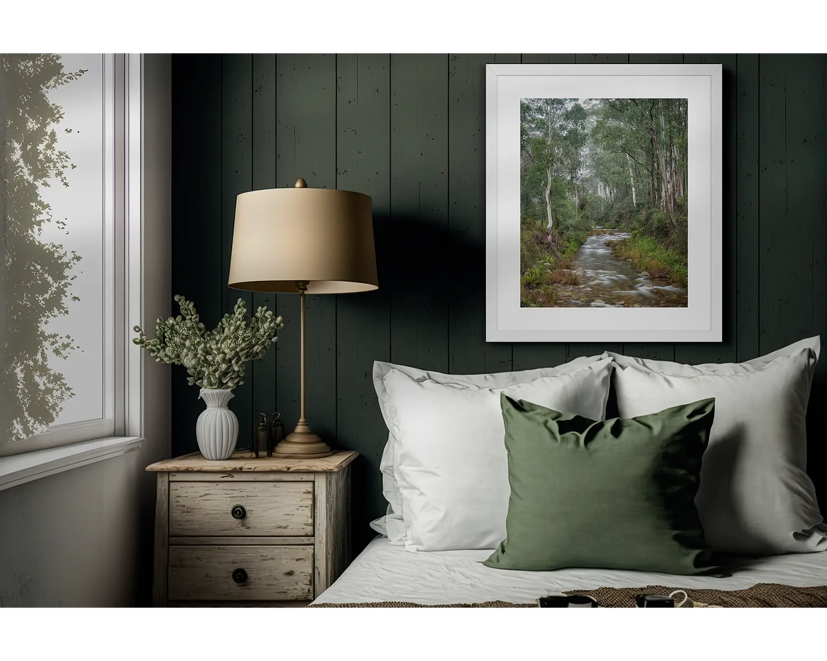 Allure. Framed wall art print in a white frame, hanging on a bedroom wall.