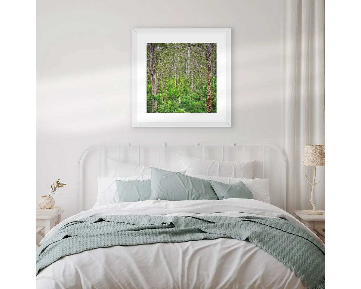 Aloft. Karri Forest wall art in a white frame, hanging above a bed.