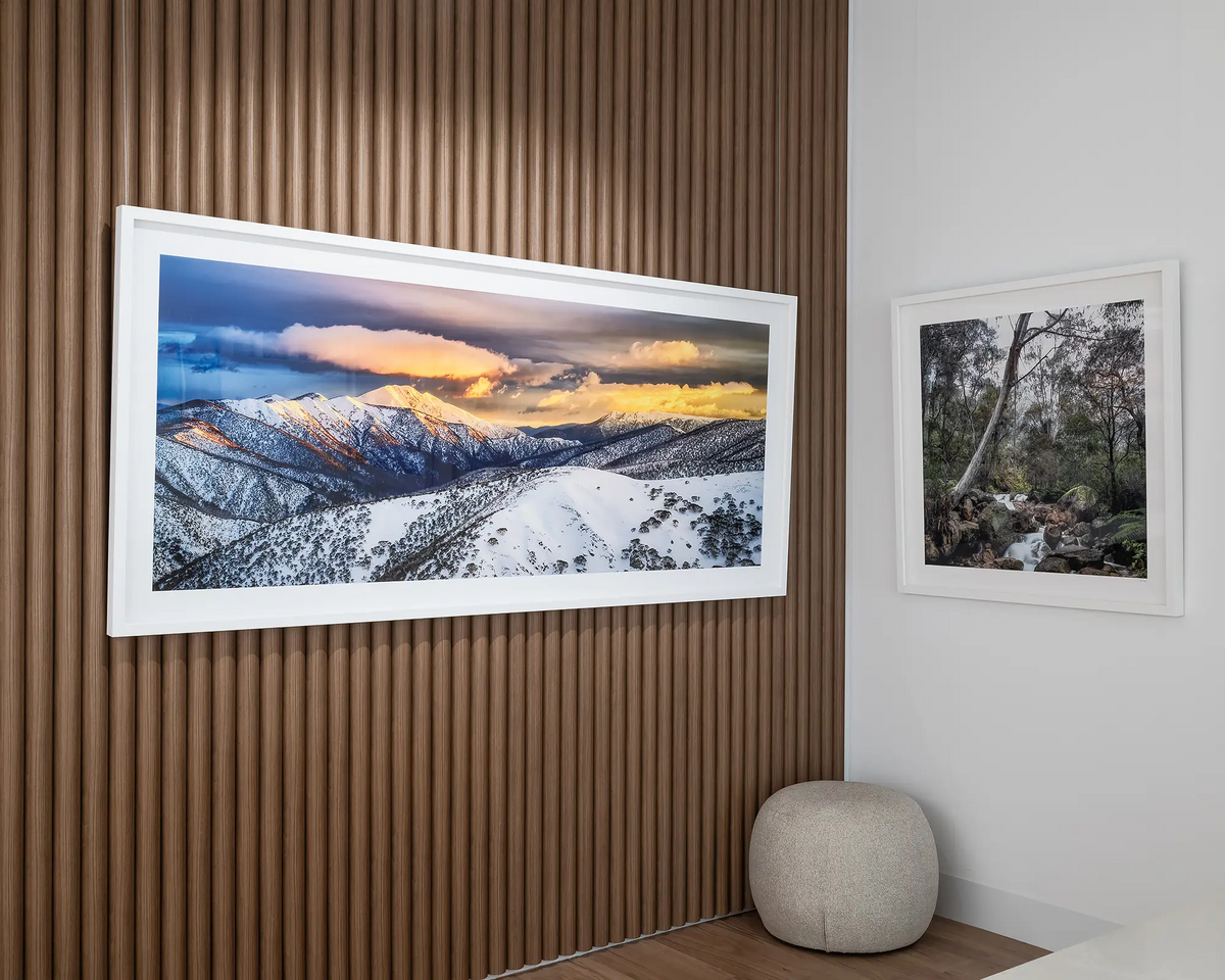 Alpine Magic. Wall art of a winter snow sunrise over Mount Feathertop in Victoria, Australia, in a Gallery.