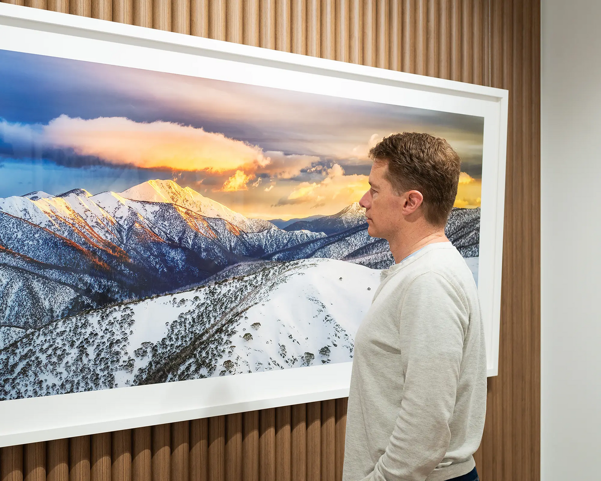 Alpine Magic. Winter snow sunrise wall art in gallery with Scott Leggo.