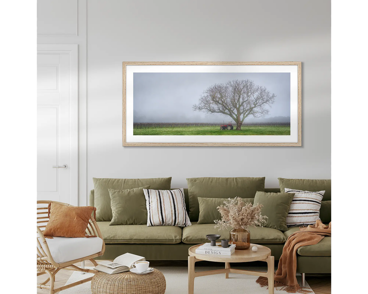 Amongst The Vines. Country Victoria wall art, hanging above a couch, in a living room.