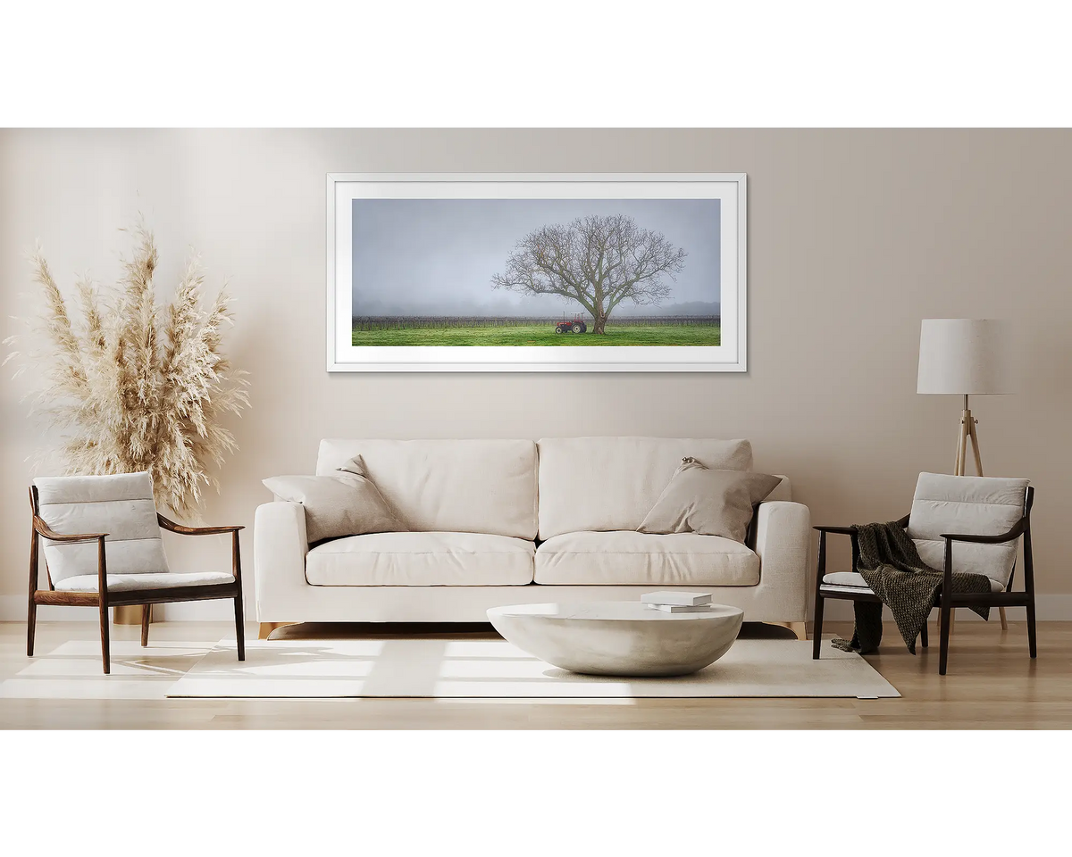 Amongst The Vines. Country wall art framed in white, hung above a couch.