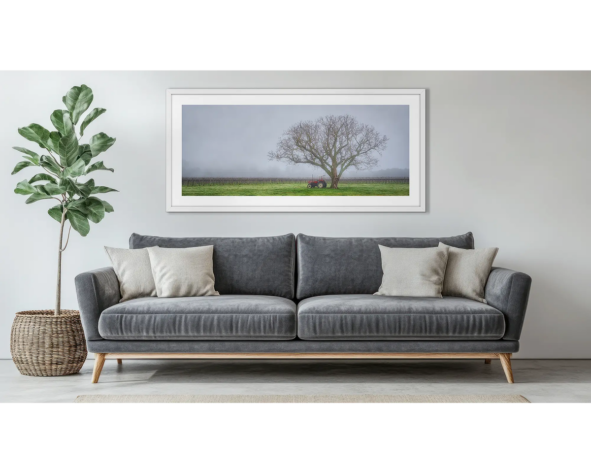 Amongst The Vines. Country wall art in a white frame, hung above a couch.