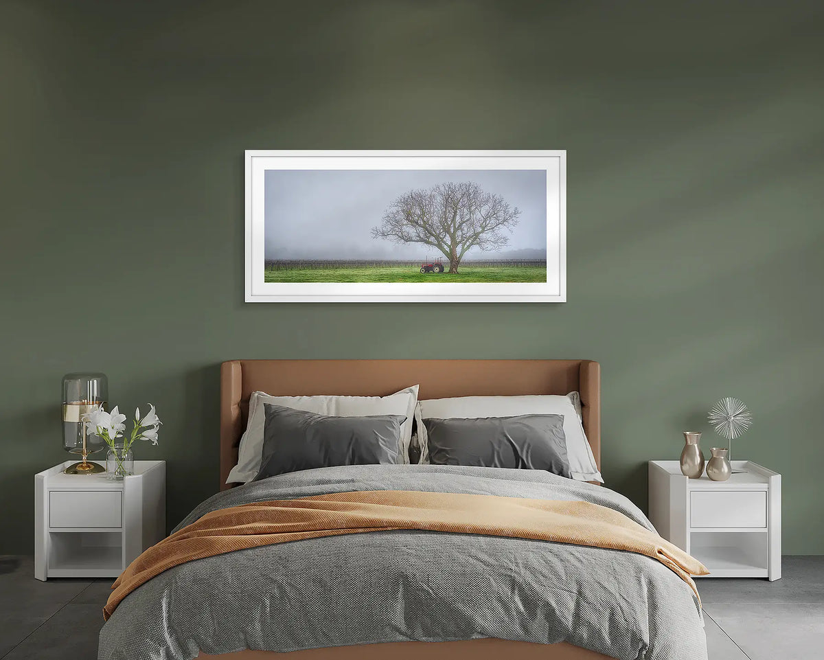 Amongst the vines. Framed rural wall art above a bed. 