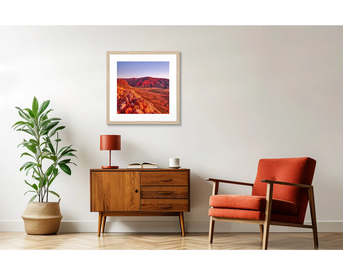 Ancient Dawn. Outback artwork, in a Tasmanian oak frame, in a retro styled interior. 