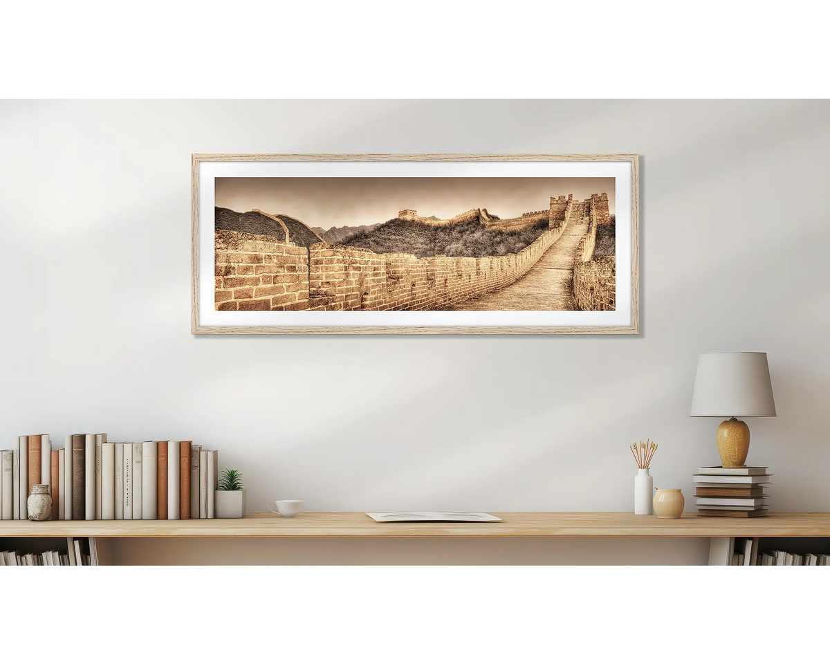 Ancient Wall. Great Wall of China art print, with a timber frame, above a desk. 