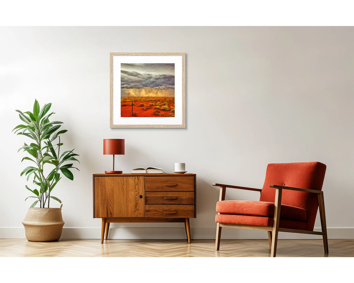 Approaching Storm. Outback artwork, in a Tasmanian oak frame, in a retro styled interior.