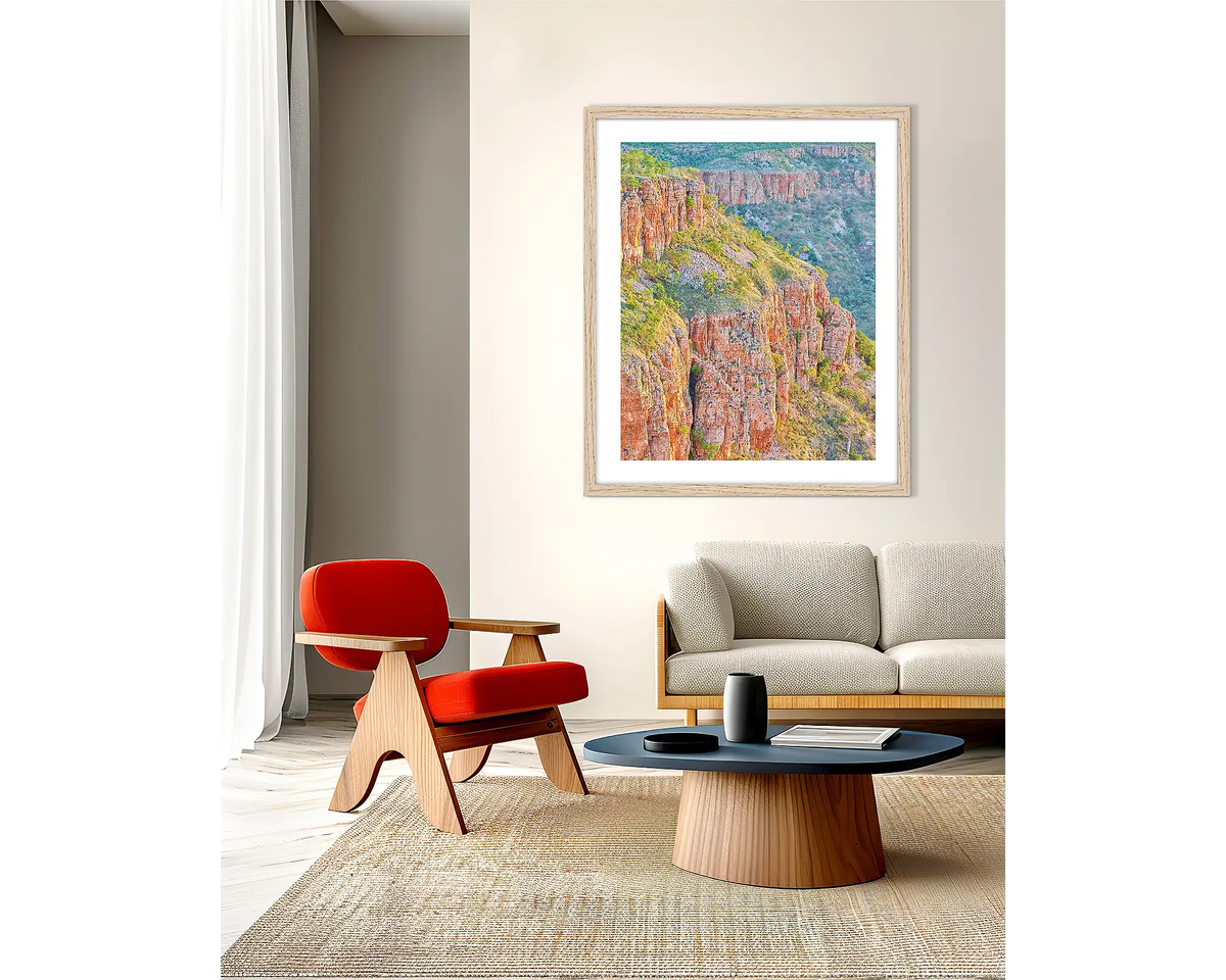 Ascension. Cockburn Range, Kimberley wall art print, with a wood frame, on a lounge room wall. 