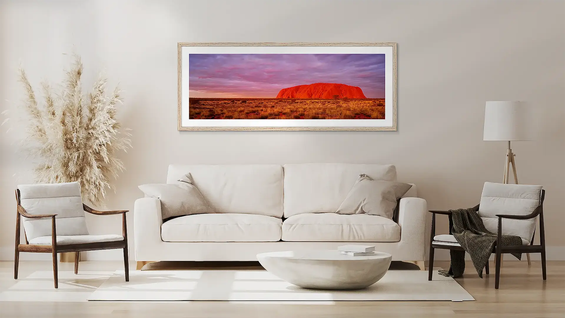 Australian Wall Art in tassie oak frame above a couch.