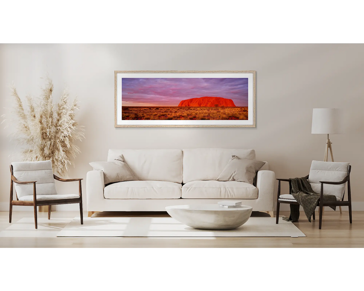 Australian Icon. Outback wall art in a Tassie Oak frame, above a couch.