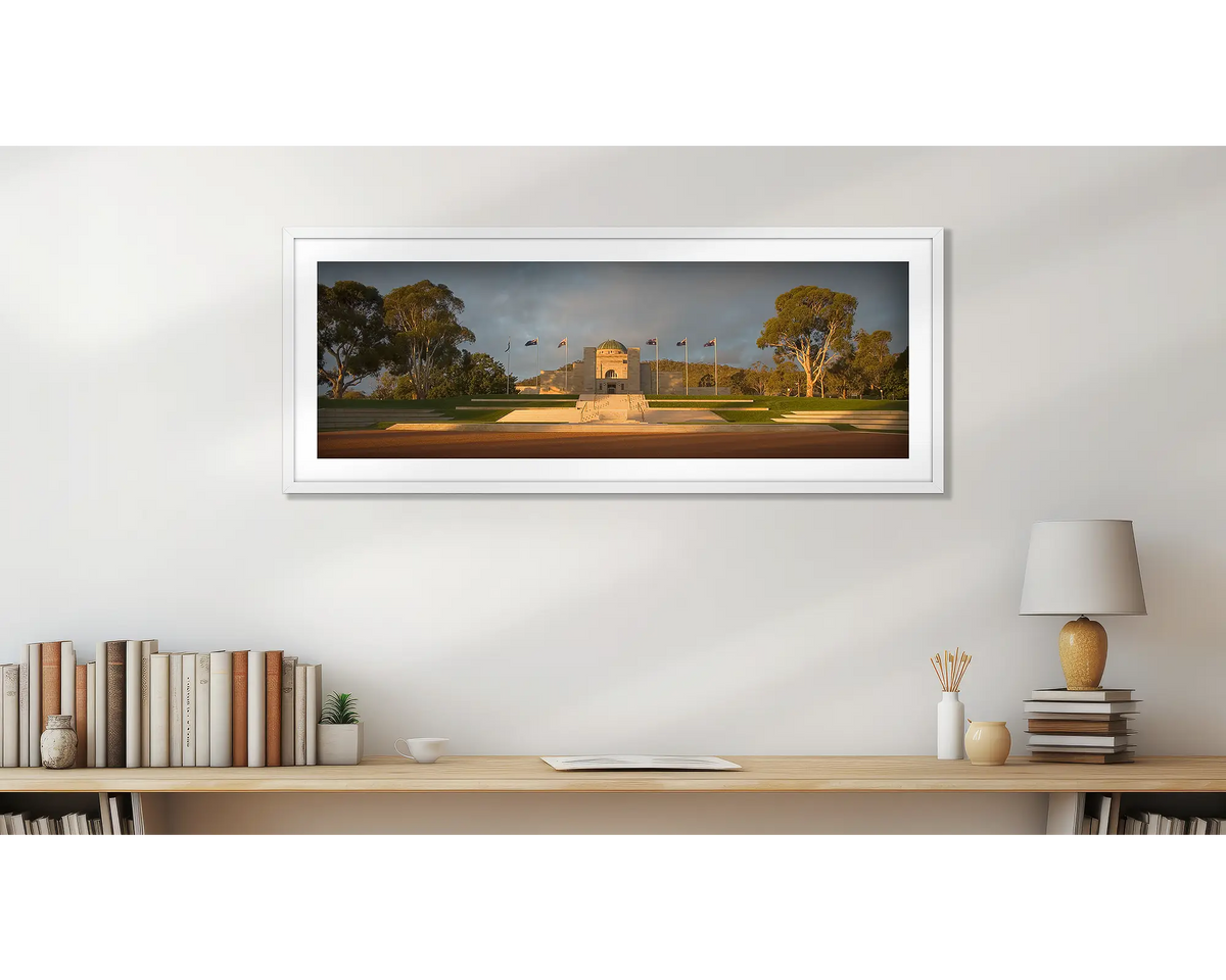 Australian War Memorial. Wall art print, with a white frame, above a desk. 