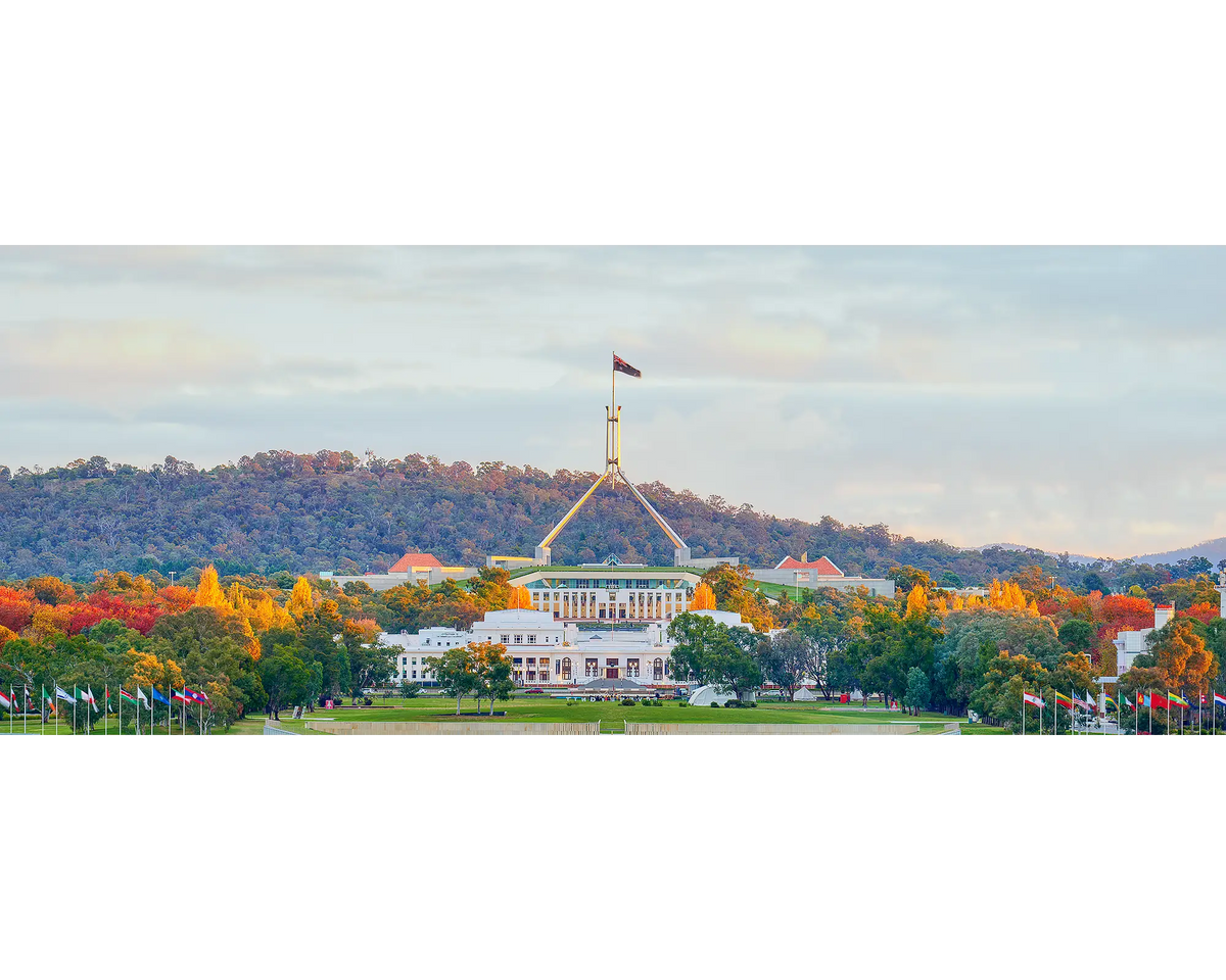 Colourful autumn trees in front of old and new Parliament House, Canberra.