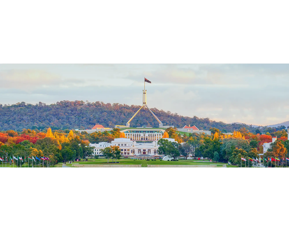 Autumn Bubble. Autumn Sunset illuminates Parliament house, Canberra.