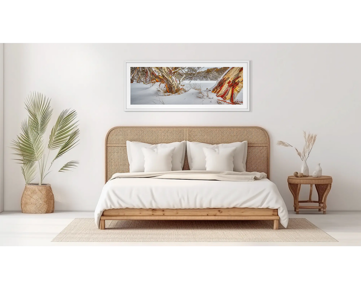 Back Country. Snow Gum artwork, in a white frame on a bedroom wall. 