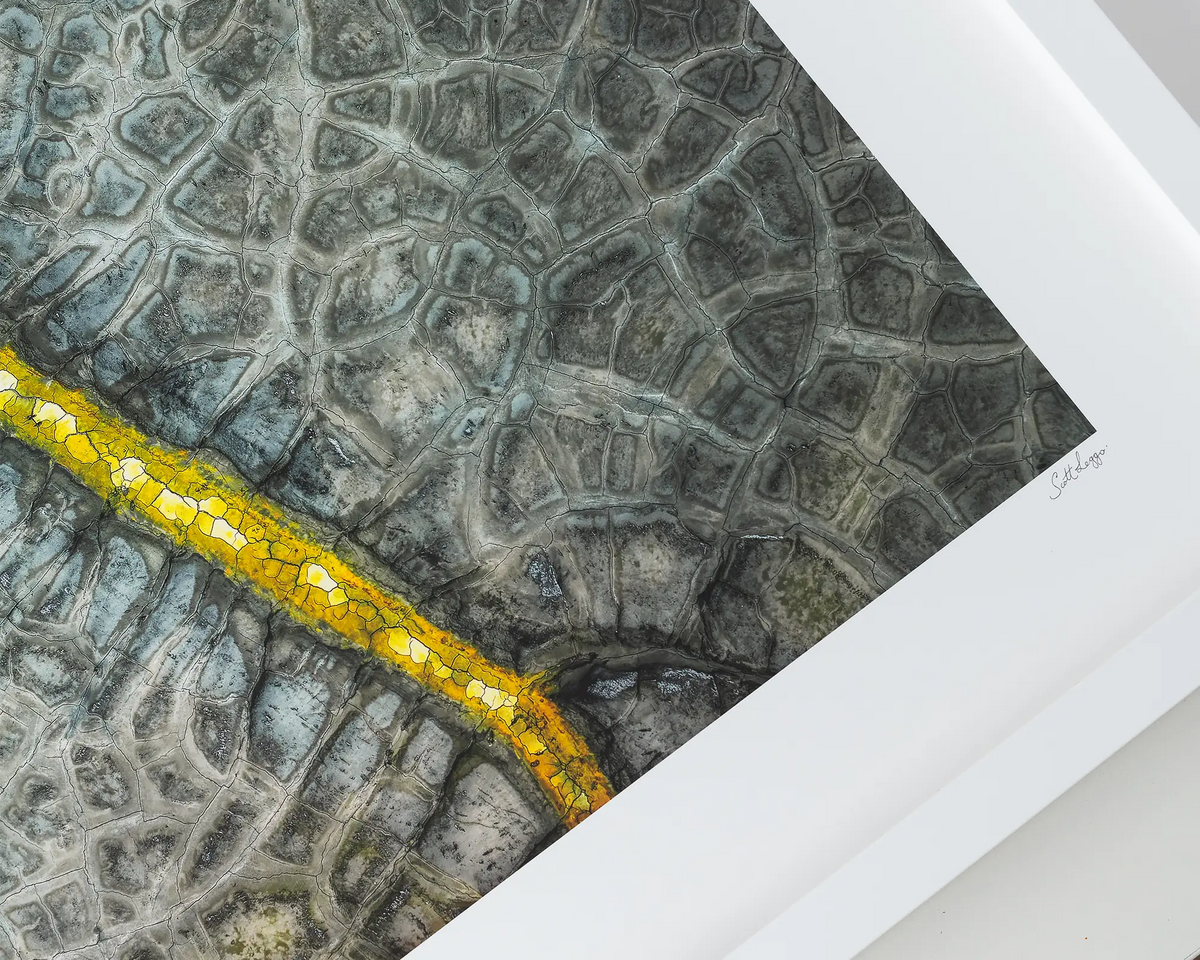 Backbone. Dried out dam in New South Wales, Australia. Wall art in a white frame with signature.