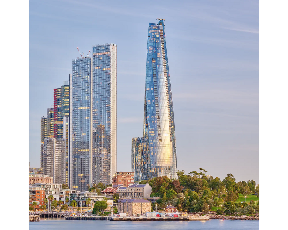 Barangaroo tall buildings at sunset, Sydney.