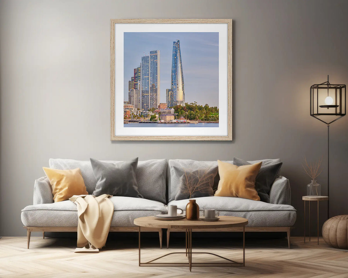 Barangaroo Pillars. Sydney Crown Towers artwork, in a timber frame, on a lounge room wall. 