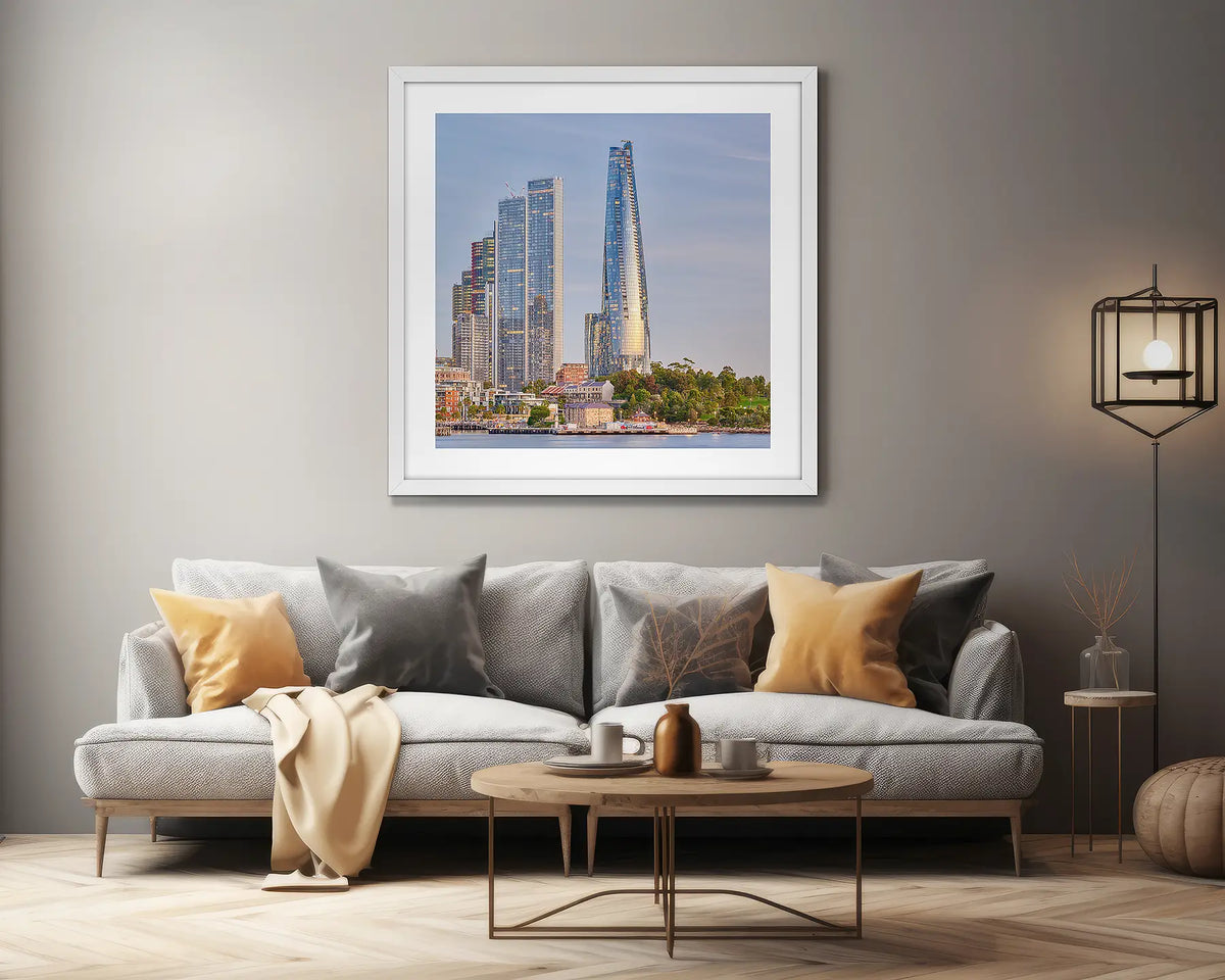 Barangaroo Pillars. Sydney Crown Towers artwork, in a white frame, on a lounge room wall. 