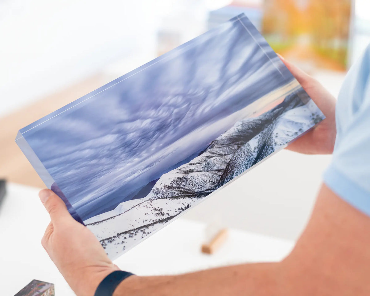 Before the Storm. Acrylic block of clouds over the Razorback and Mount Feathertop summit. Australian artwork being held.