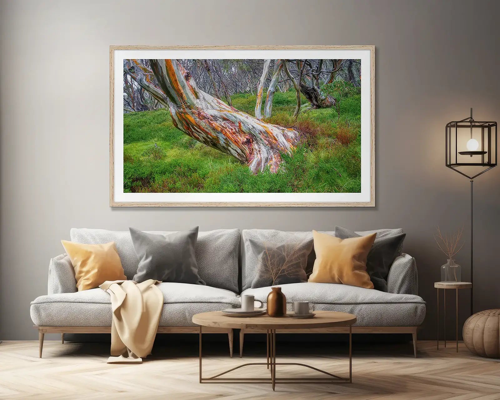 Big snow gum wall art print on lounge room wall.