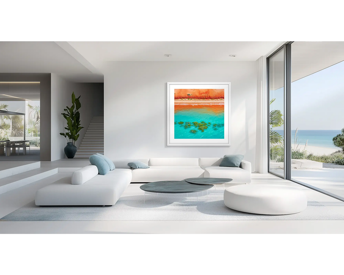 Blend. Abstract coastal wall art print on a living room wall of a coastal house. 