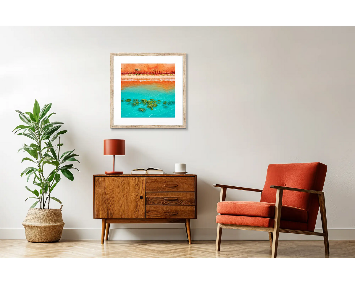 Blend. Abstract Kimberley artwork in a Tasmanian oak frame, hanging in a retro styled interior.