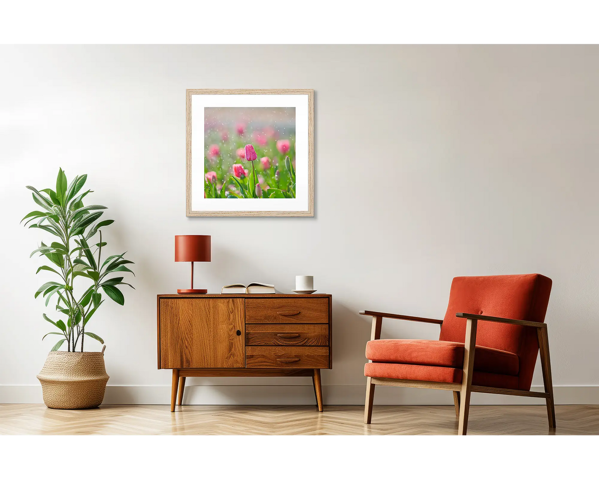 Bloom. Floriade artwork, in a Tasmanian oak frame, in a retro styled interior. 