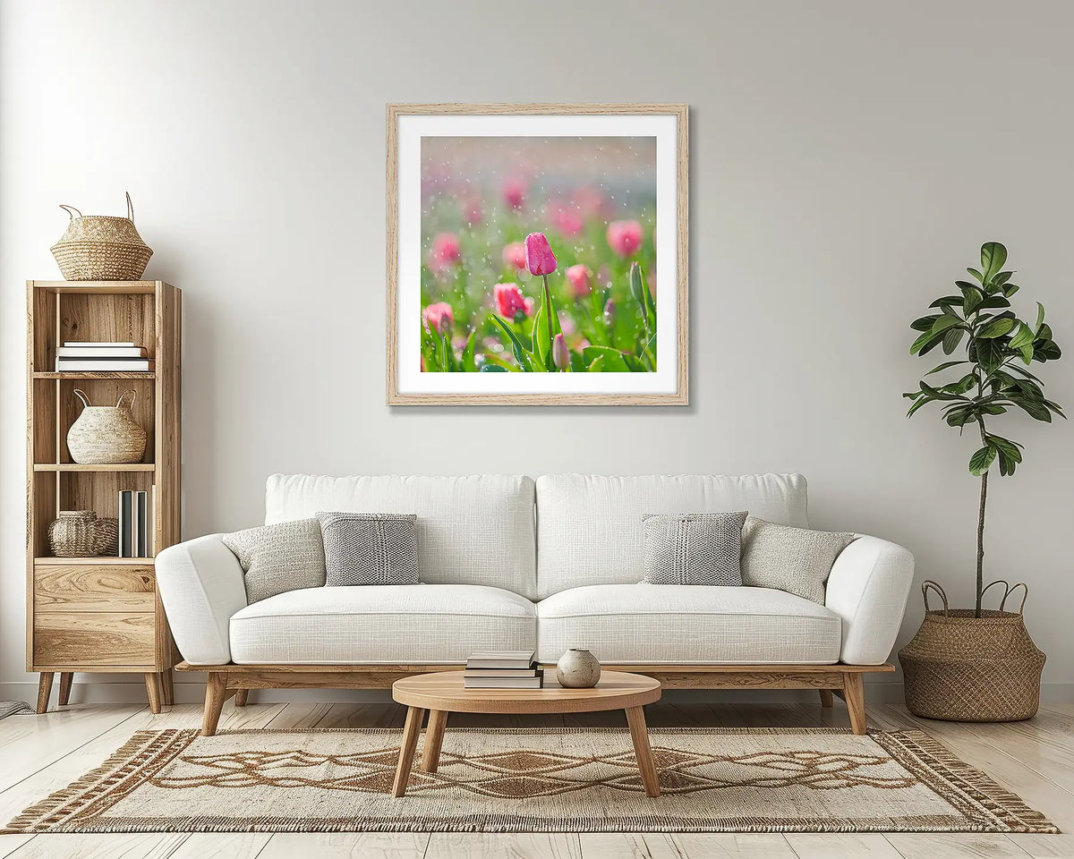 Bloom. Floriade wall art print with a Tassie oak frame, above a couch. 