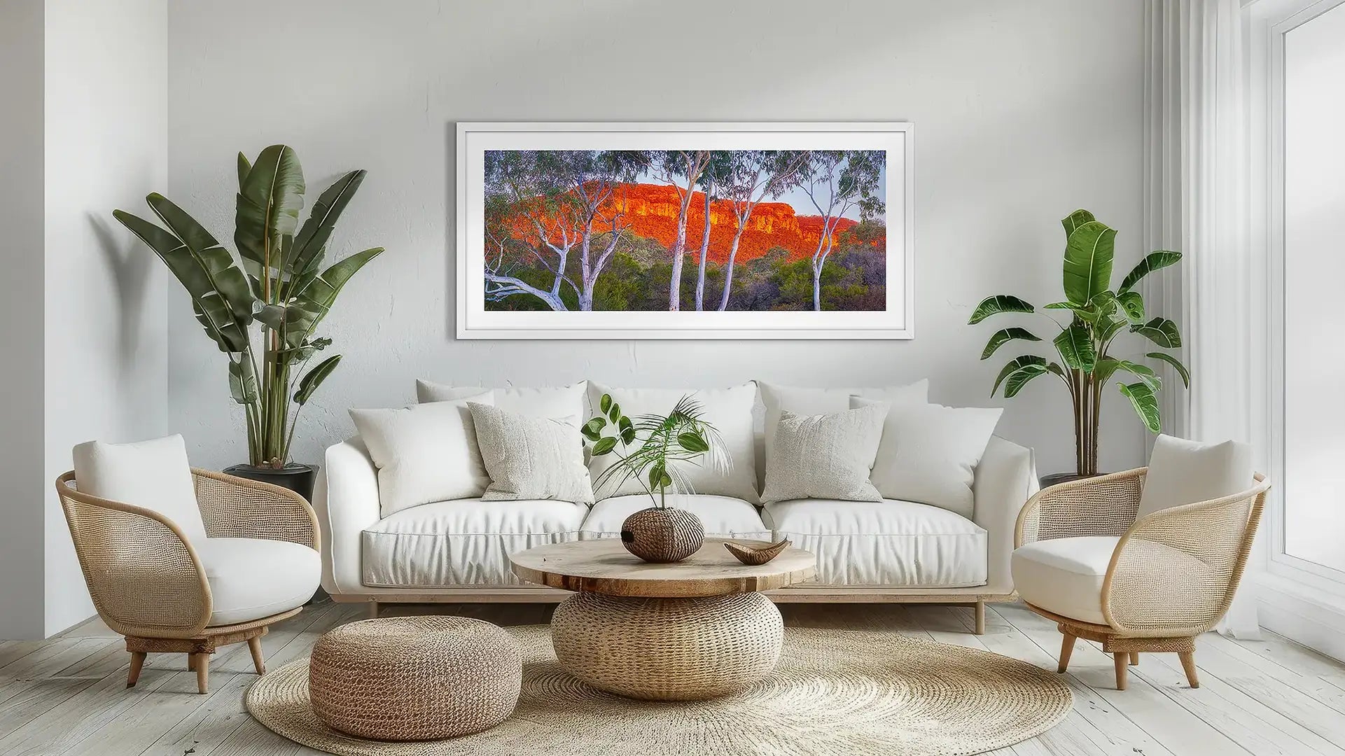 Blue Mountains wall art in white frame in lounge room.