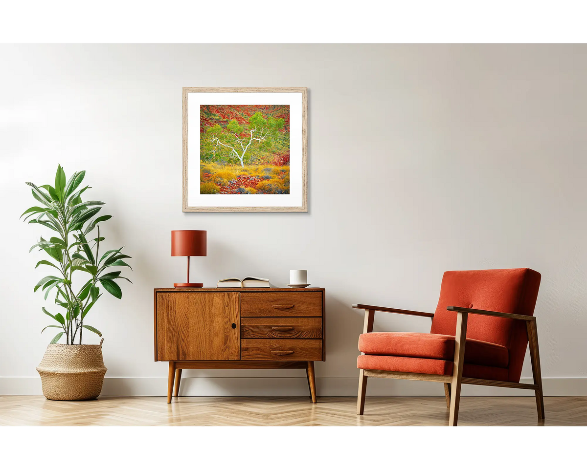 Branches of Life. Outback artwork, in a Tasmanian oak frame, in a retro styled interior. 