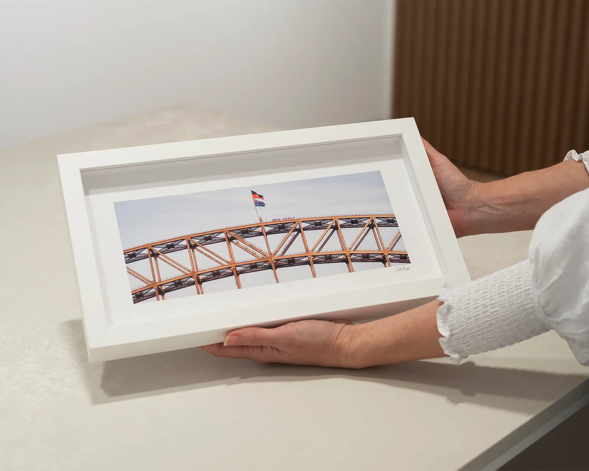 Bridge Climb. Sydney Harbour Bridge, small framed print in a white frame. 