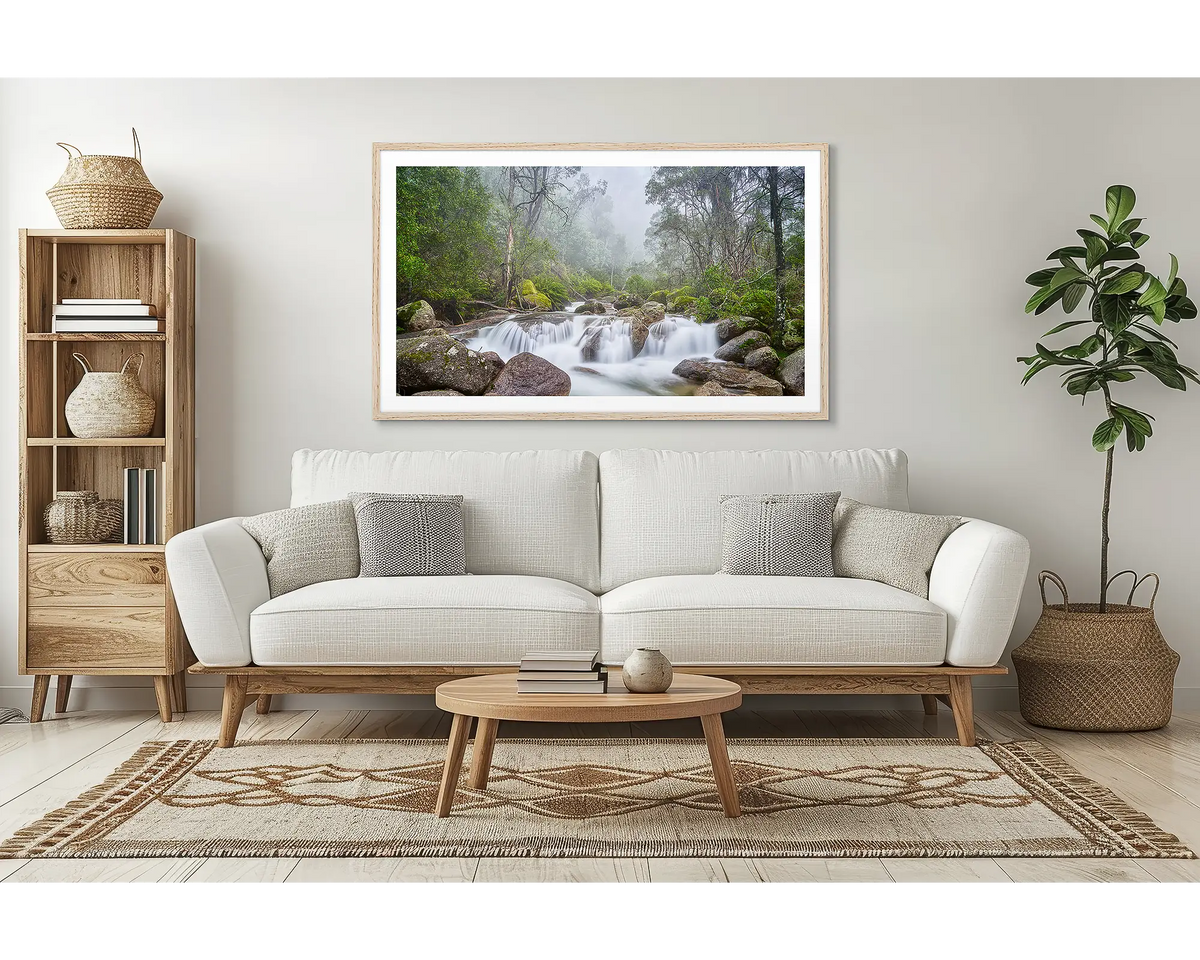 Buffalo Cascade. Mount Buffalo photography wall art with a timber frame, in a lounge room.  