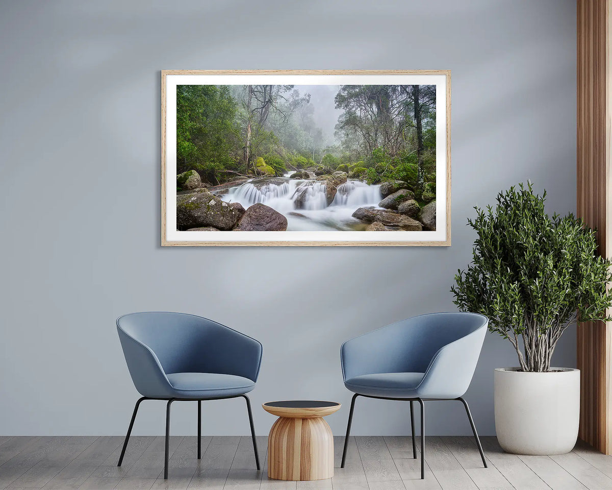 Buffalo Cascade. Mount Buffalo photography wall art with a timber frame, in a waiting room.