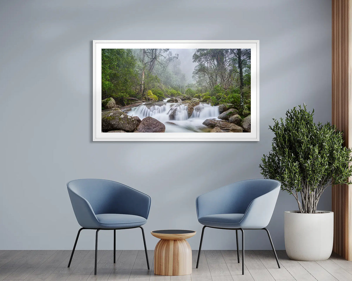 Buffalo Cascade. Mount Buffalo photography wall art with a white frame, in a waiting room.