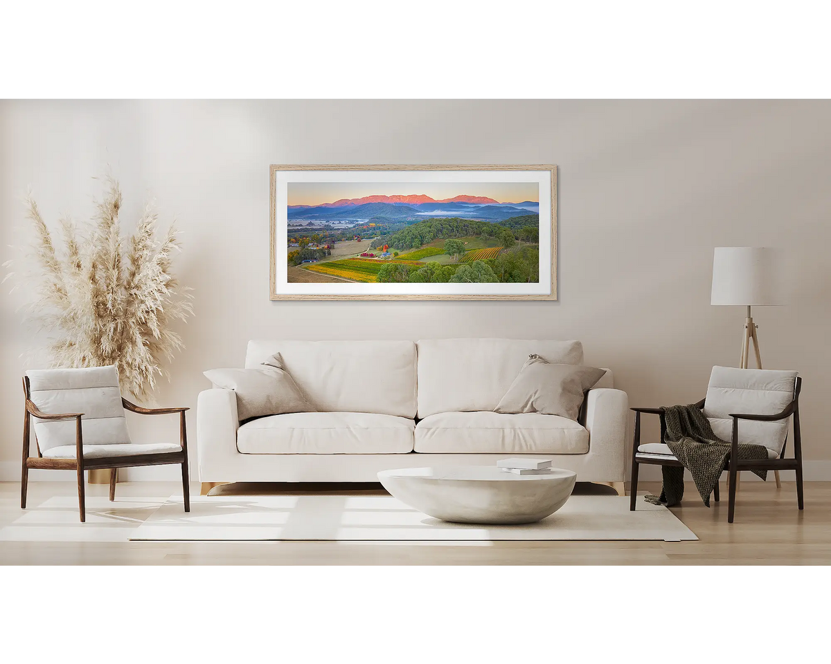 Buffalo Views. Ringer Reef Winery wall art, in a Tassie oak frame, above a couch. 