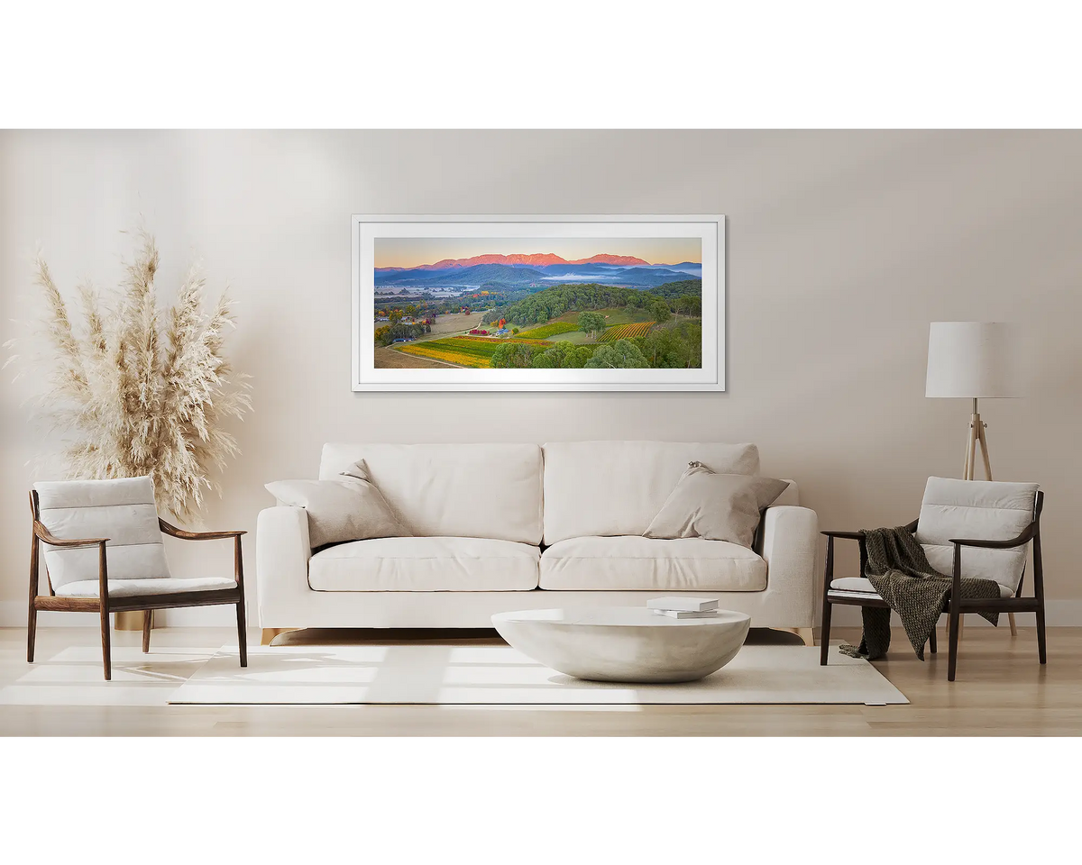 Buffalo Views. Ringer Reef Winery wall art in a white frame, above a couch.  