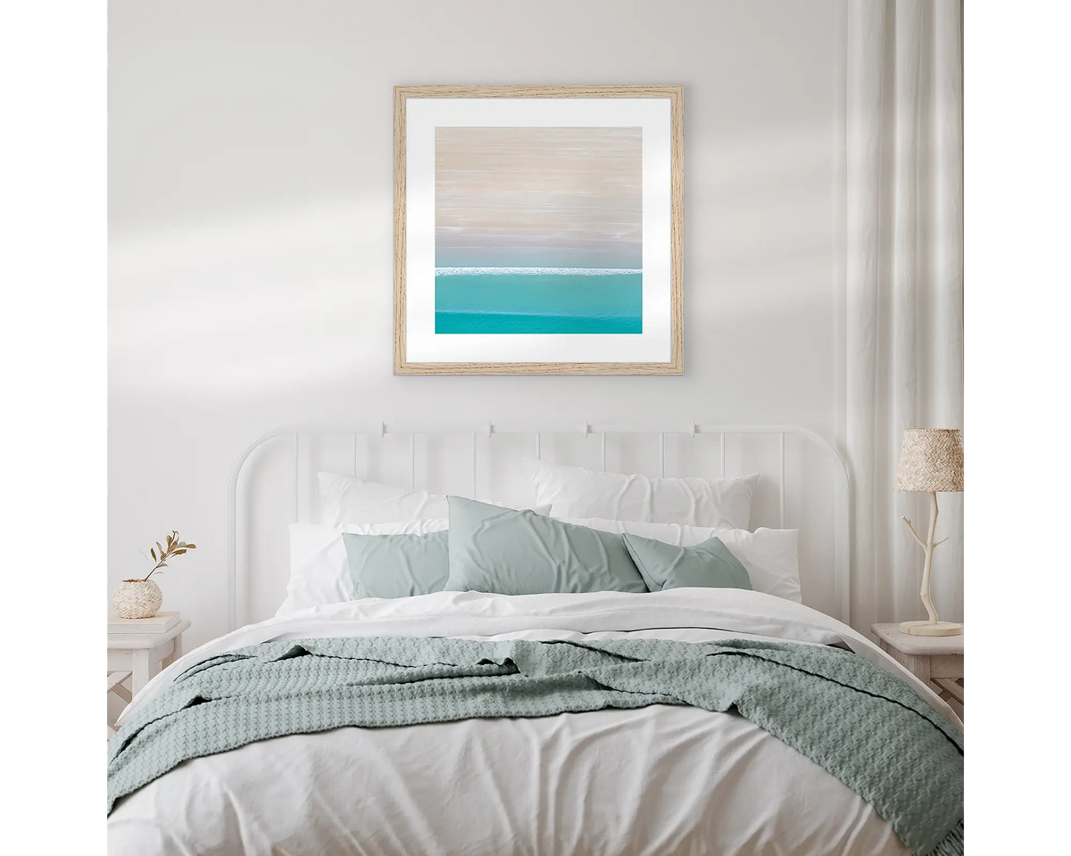 Cable Calm. Kimberley wall art, in a Tasmanian Oak frame, hanging above a bed.