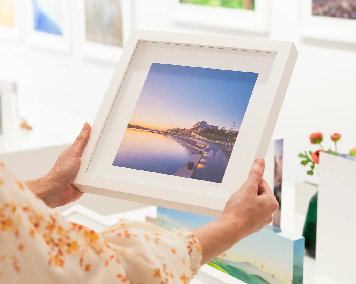 Canberra Awakes- High Court of Australia at dawn, small framed print in white frame.