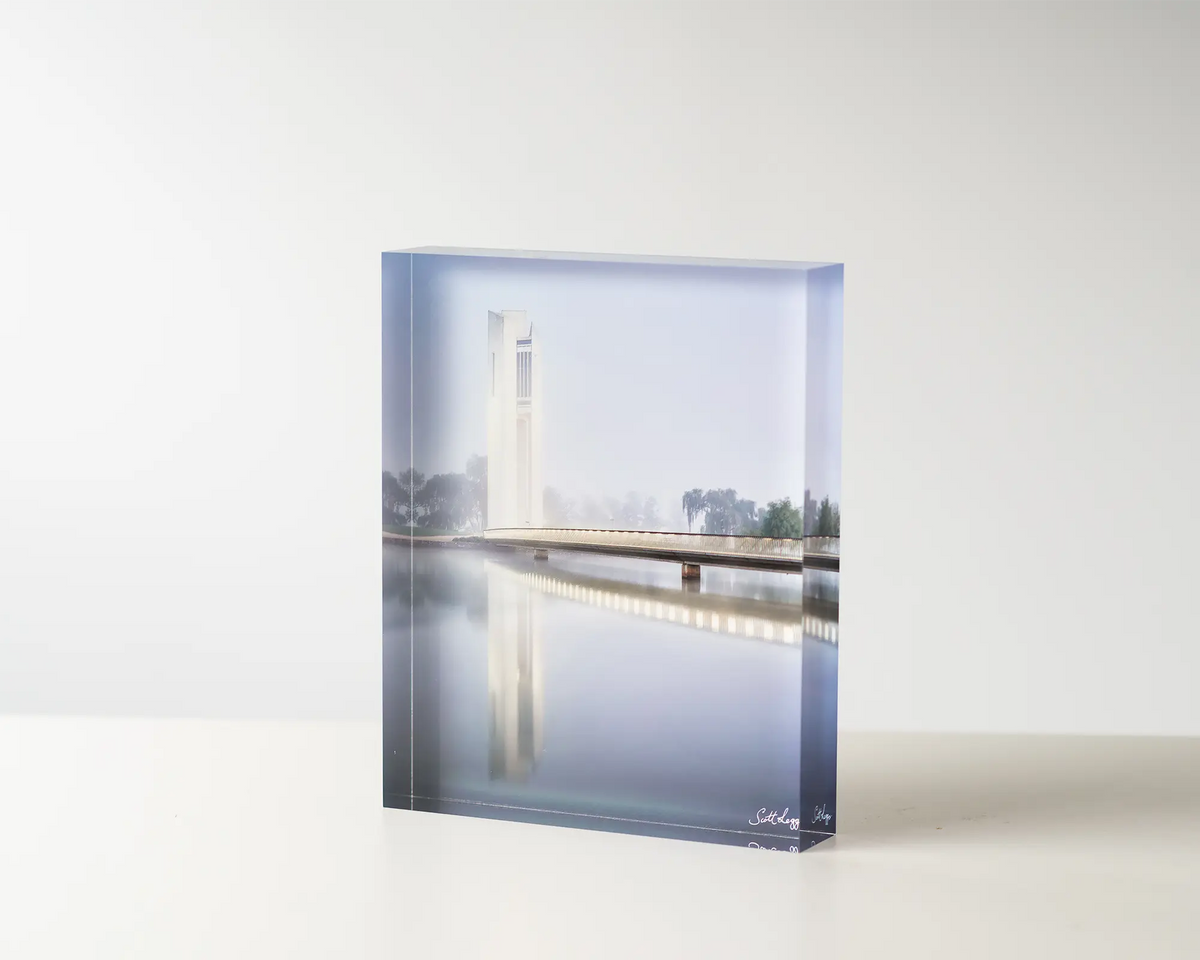 Carillion Blues. Acrylic block of the National Carillion in morning fog. Canberra artwork on table.