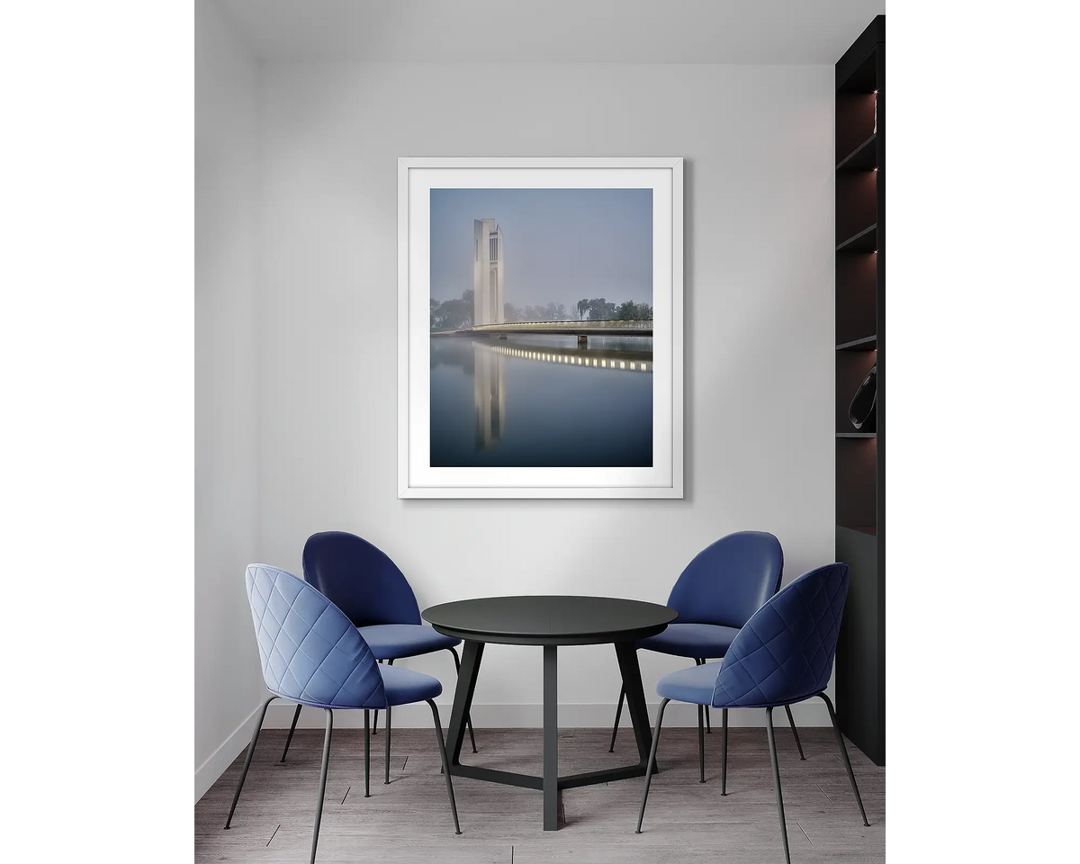 Carillon Blues. Canberra, framed wall art print, with a white frame, in an office meeting room. 