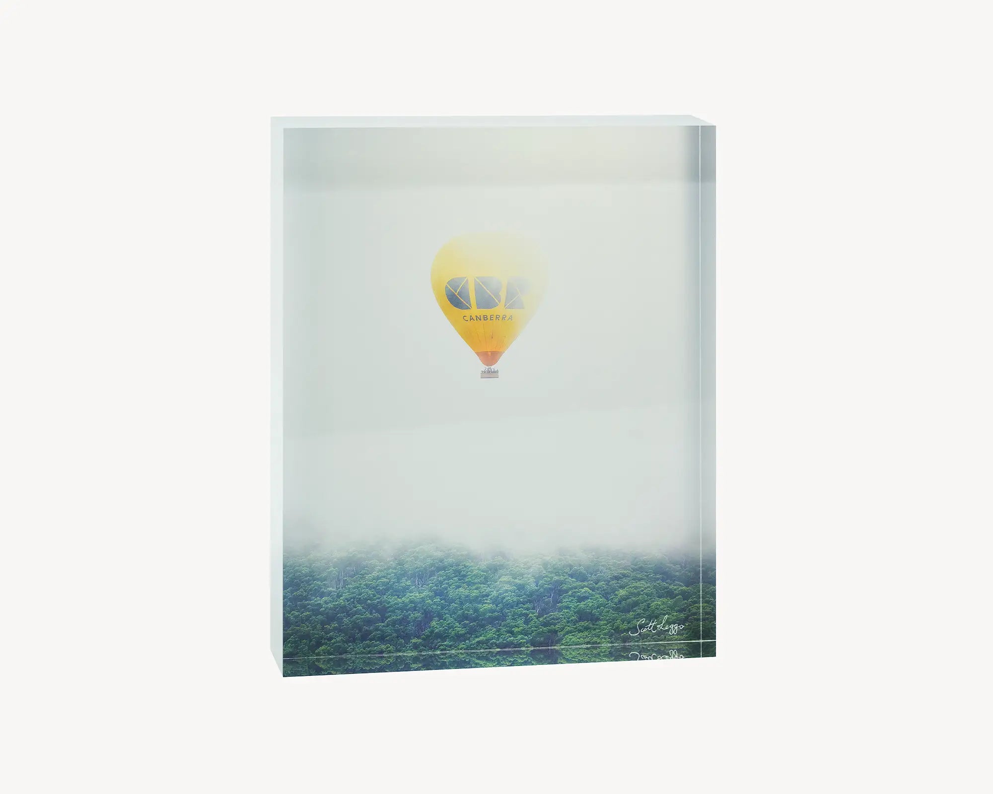 CBR Balloon. Acrylic block of the Visit Canberra balloon emerging through fog. Canberra artwork.