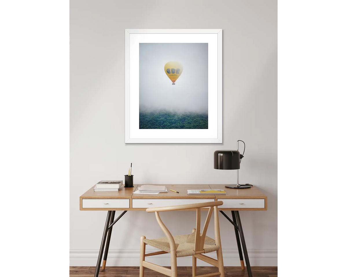 CBR Balloon. Canberra wall art print with a white frame, above a desk.