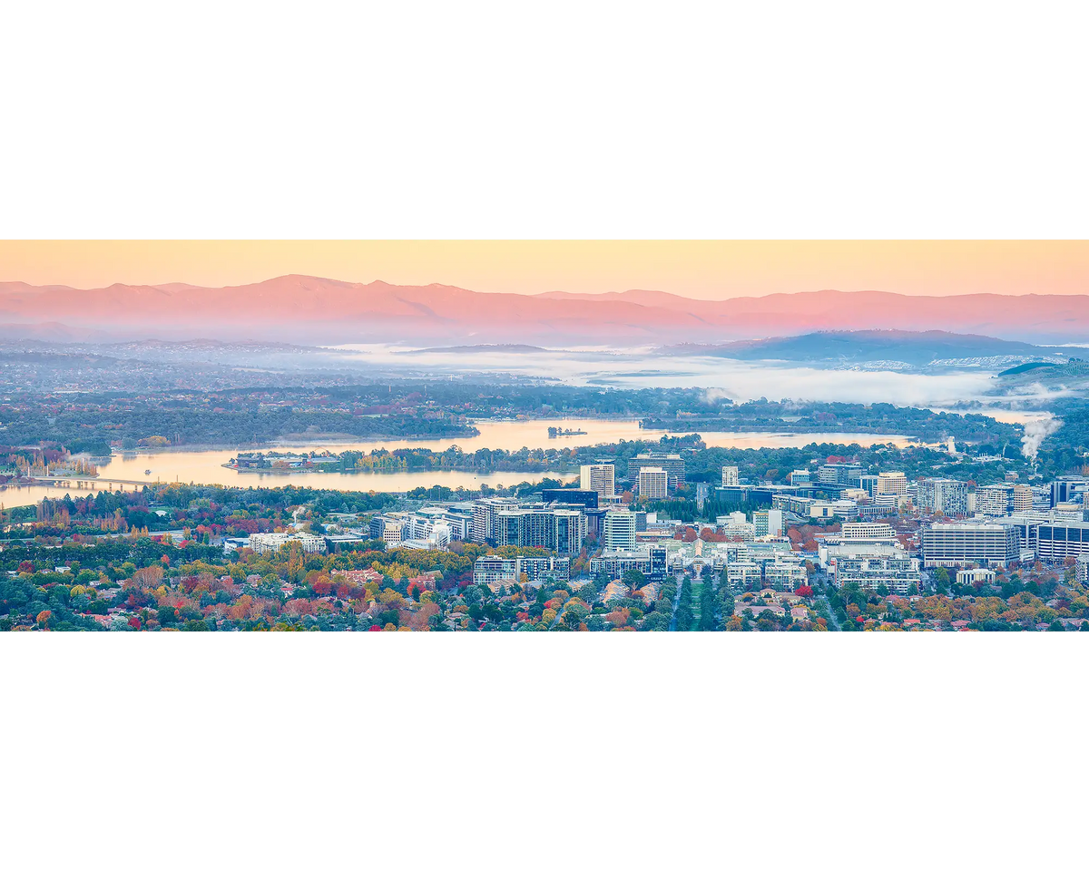 Civic Autumn. Autumn sunrise lights up the distant Brindabella Ranges, Canberra.