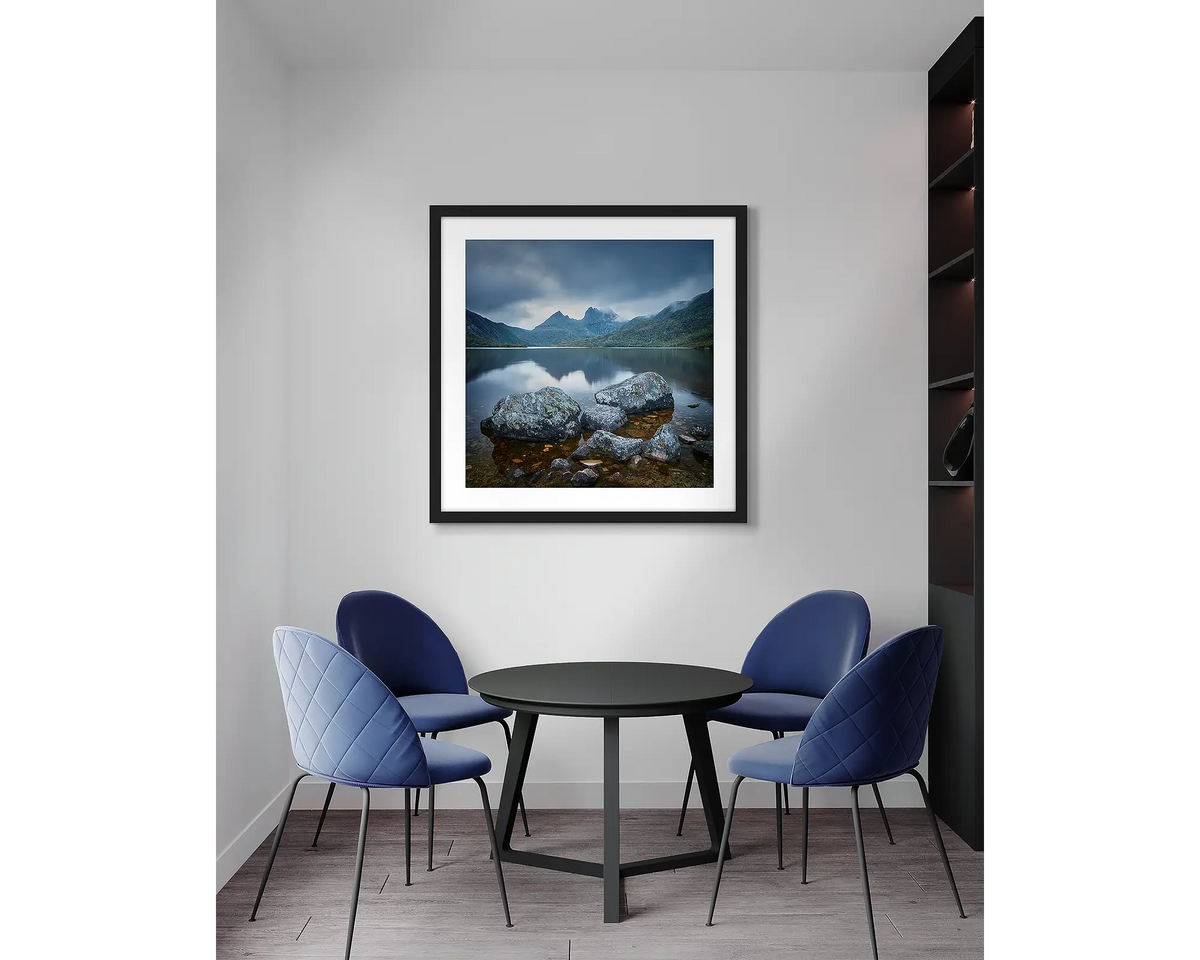 Classic Cradle. Tasmania, framed wall art print, with a black frame, in an office meeting room. 