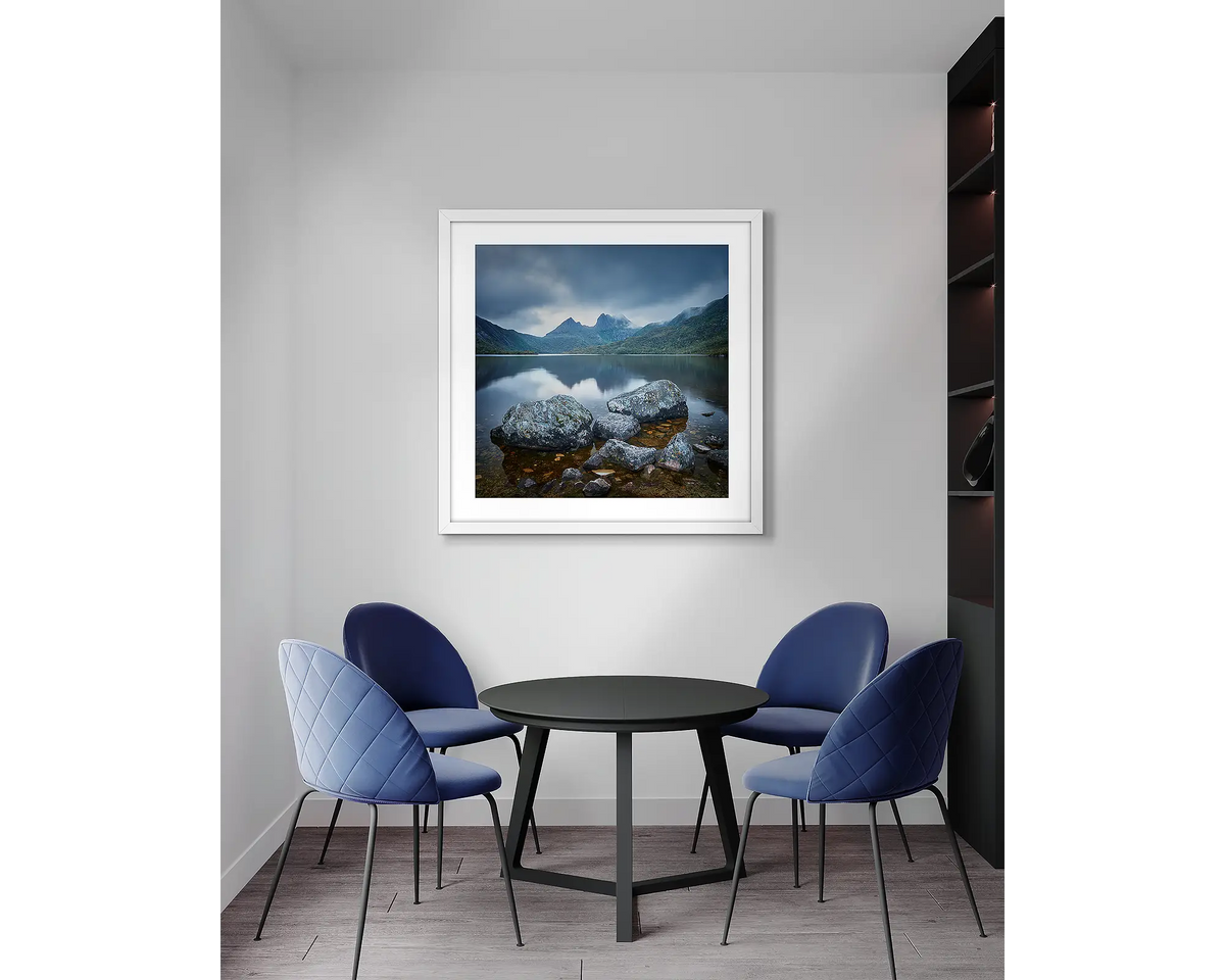 Classic Cradle. Tasmania, framed wall art print, with a white frame, in an office meeting room. 