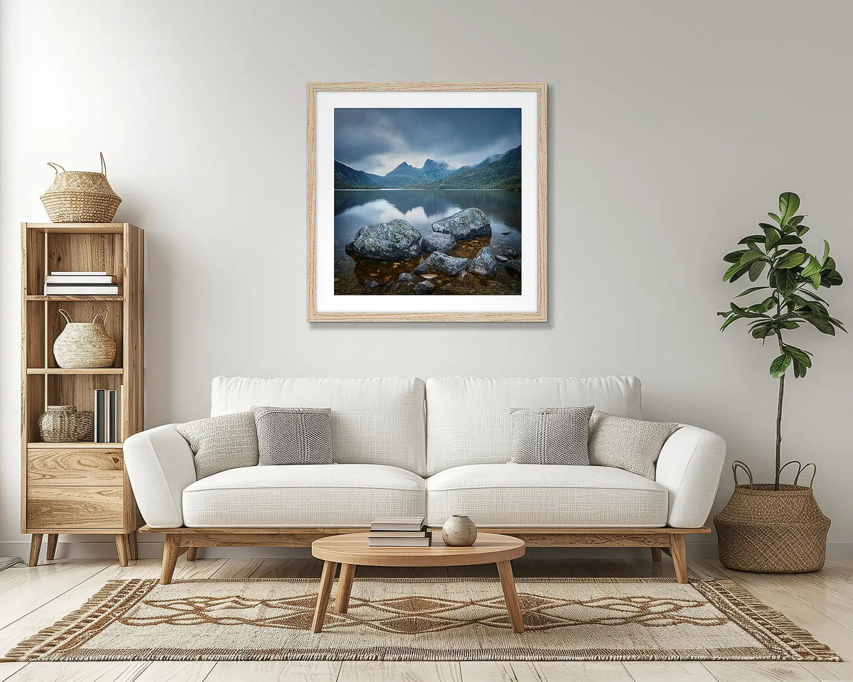 Classic Cradle. Tasmanian wall art print, with a timber frame, above a couch. 