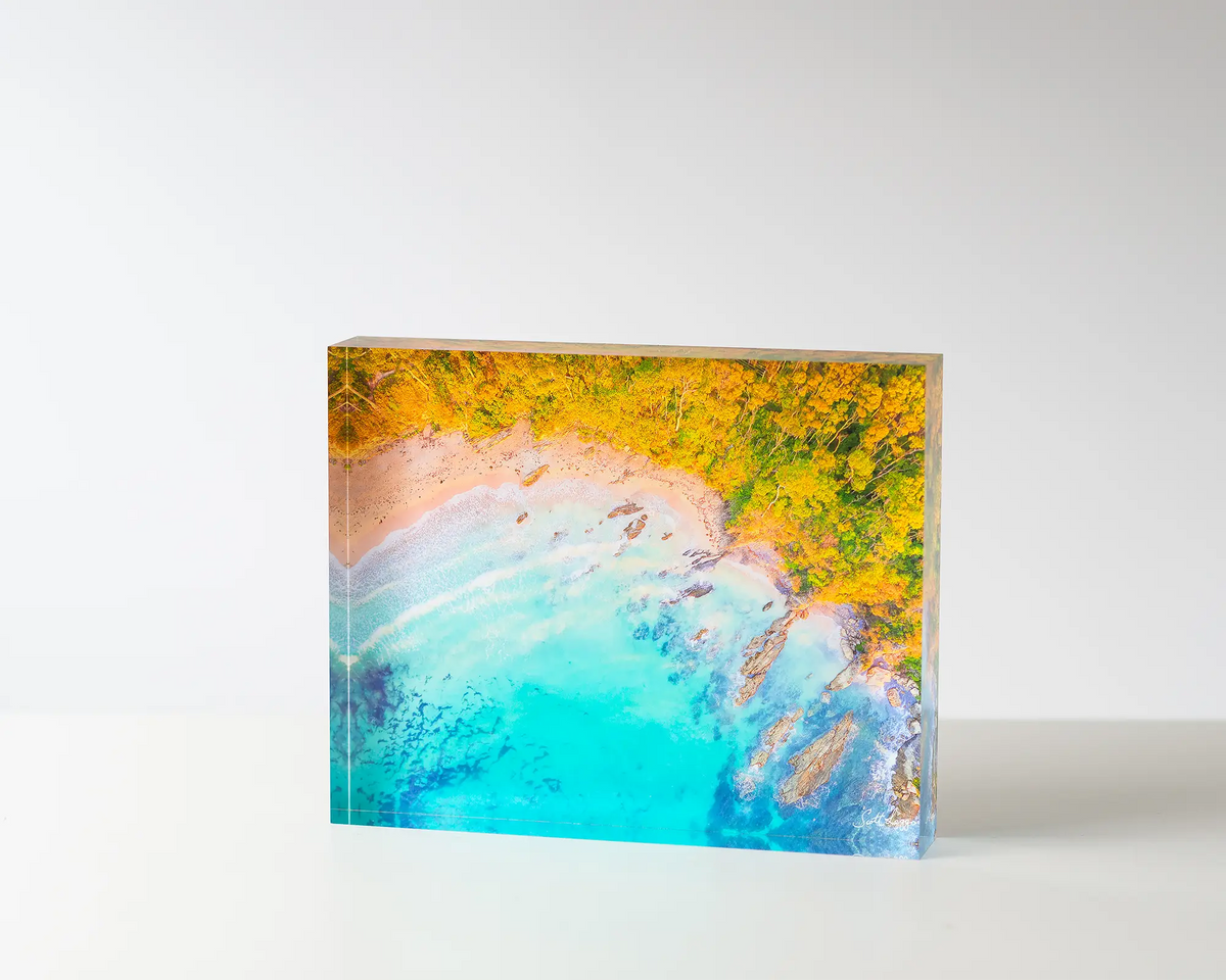 Coastal Bliss. Acrylic block of a sunrise at Lilli Pilli beach. Australian Artwork on table.